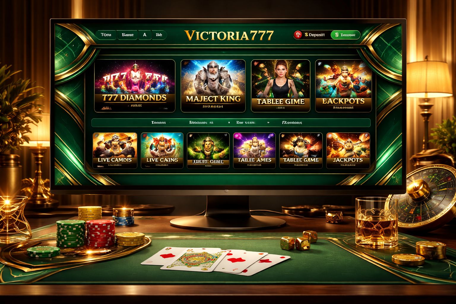 Vista de la plataforma VICTORIA777 Casino con categorías de juegos y acceso a la cuenta