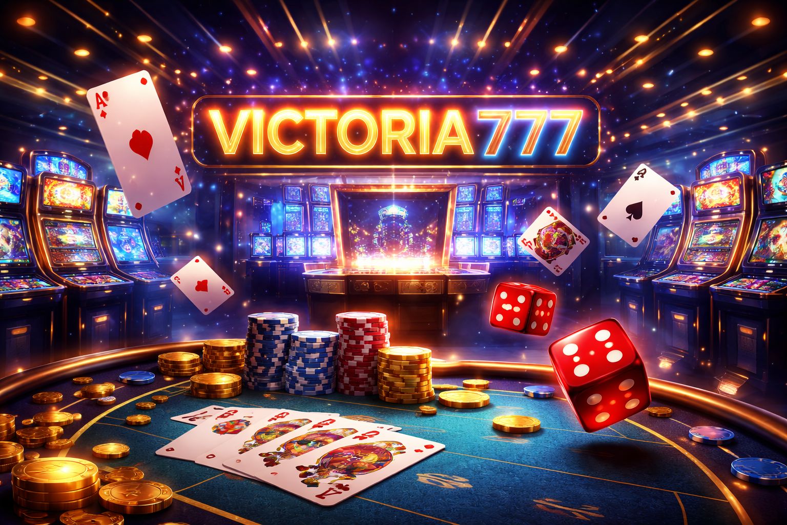 Brillante lobby de juegos VICTORIA777 con cartas, dados, fichas y pantallas digitales brillantes en un estilo moderno de casino.