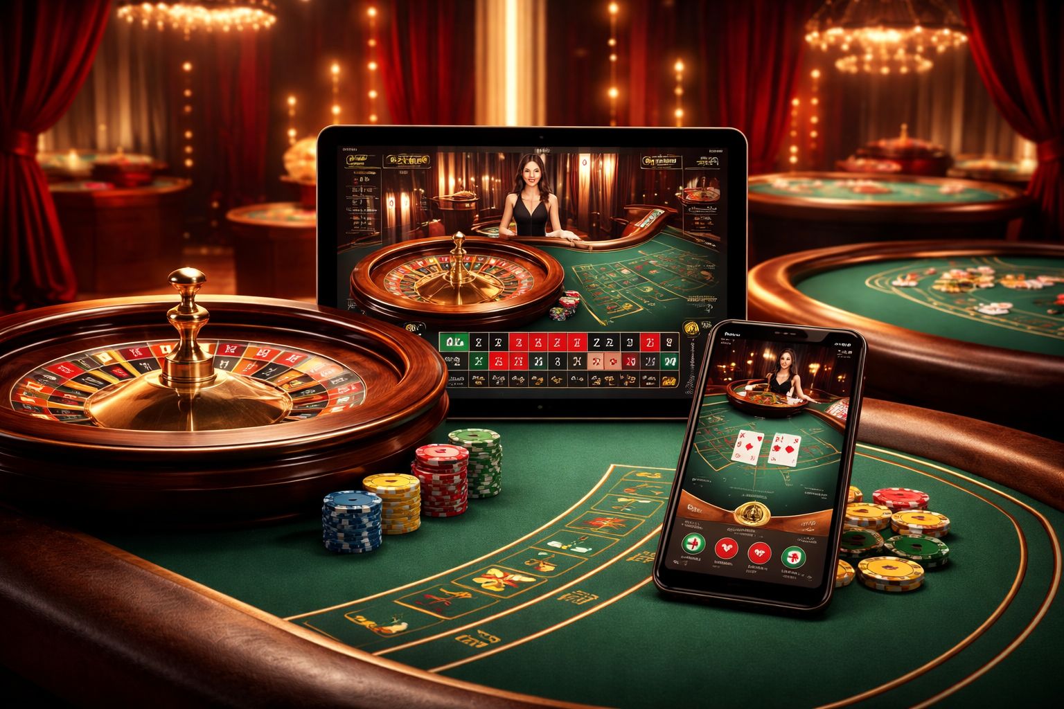 Configuración elegante de casino en vivo con rueda de ruleta, cartas y una pantalla móvil mostrando juego en tiempo real en un estudio pulido.