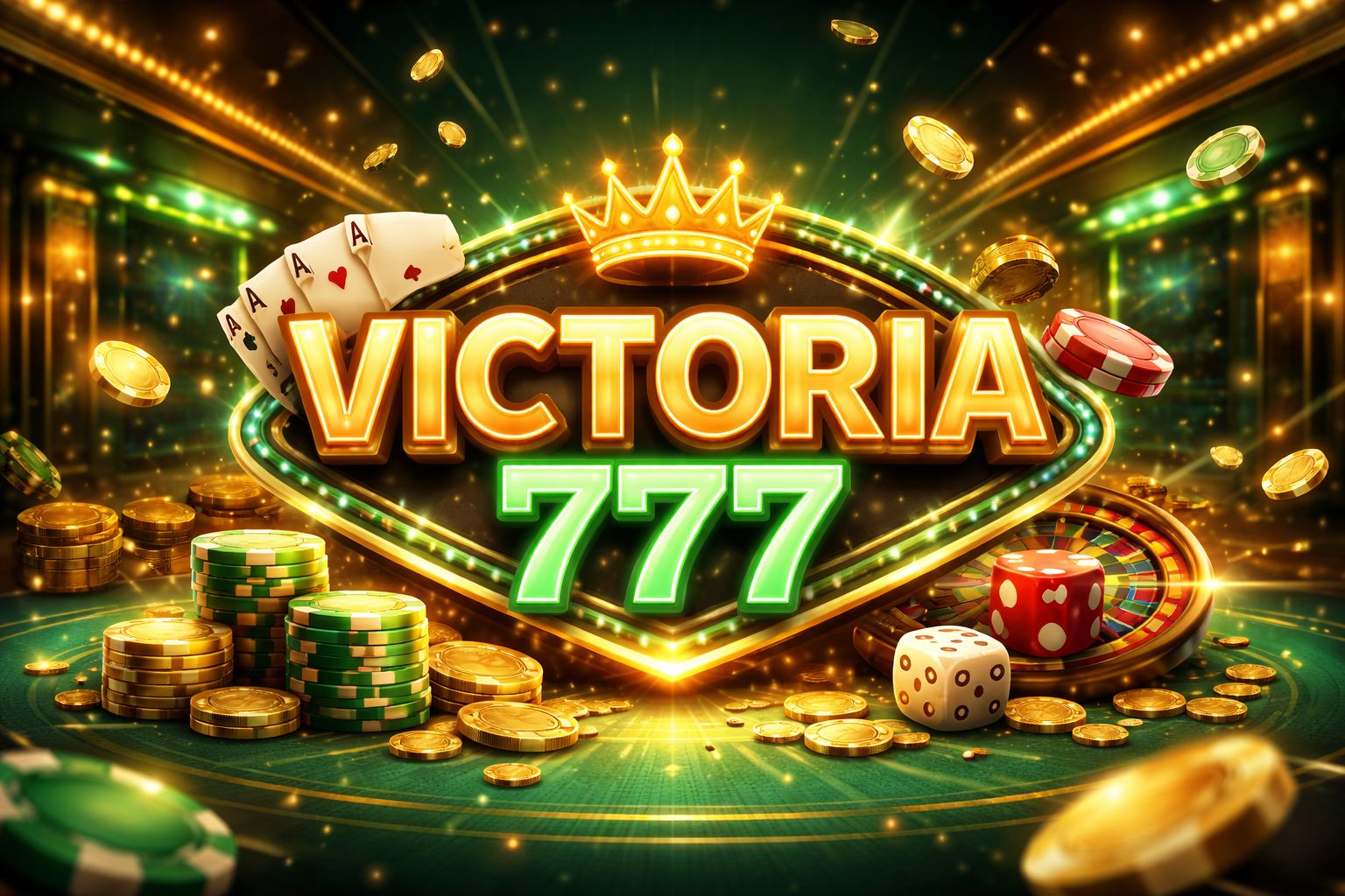 Una escena digital vibrante con temática de casino que muestra VICTORIA777 iluminado sobre monedas, cartas y elementos de juego para jugadores en México.