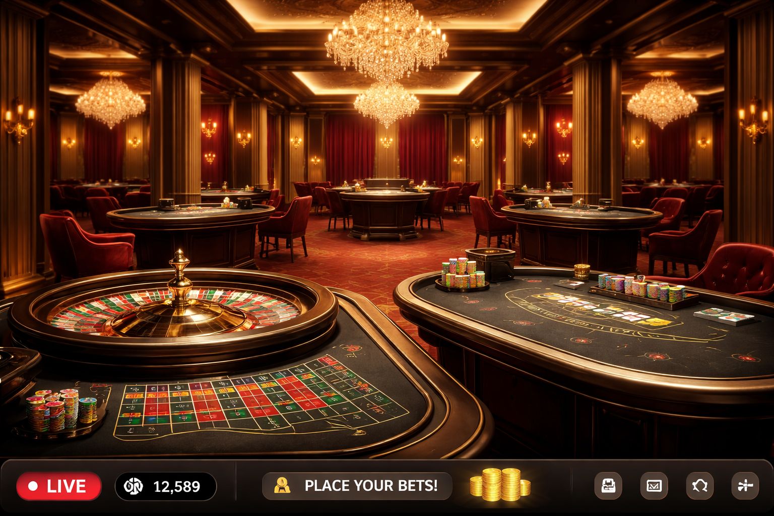 Una escena pulida de mesa de casino en vivo mostrada en pantalla dentro del entorno de juegos VICTORIA777.