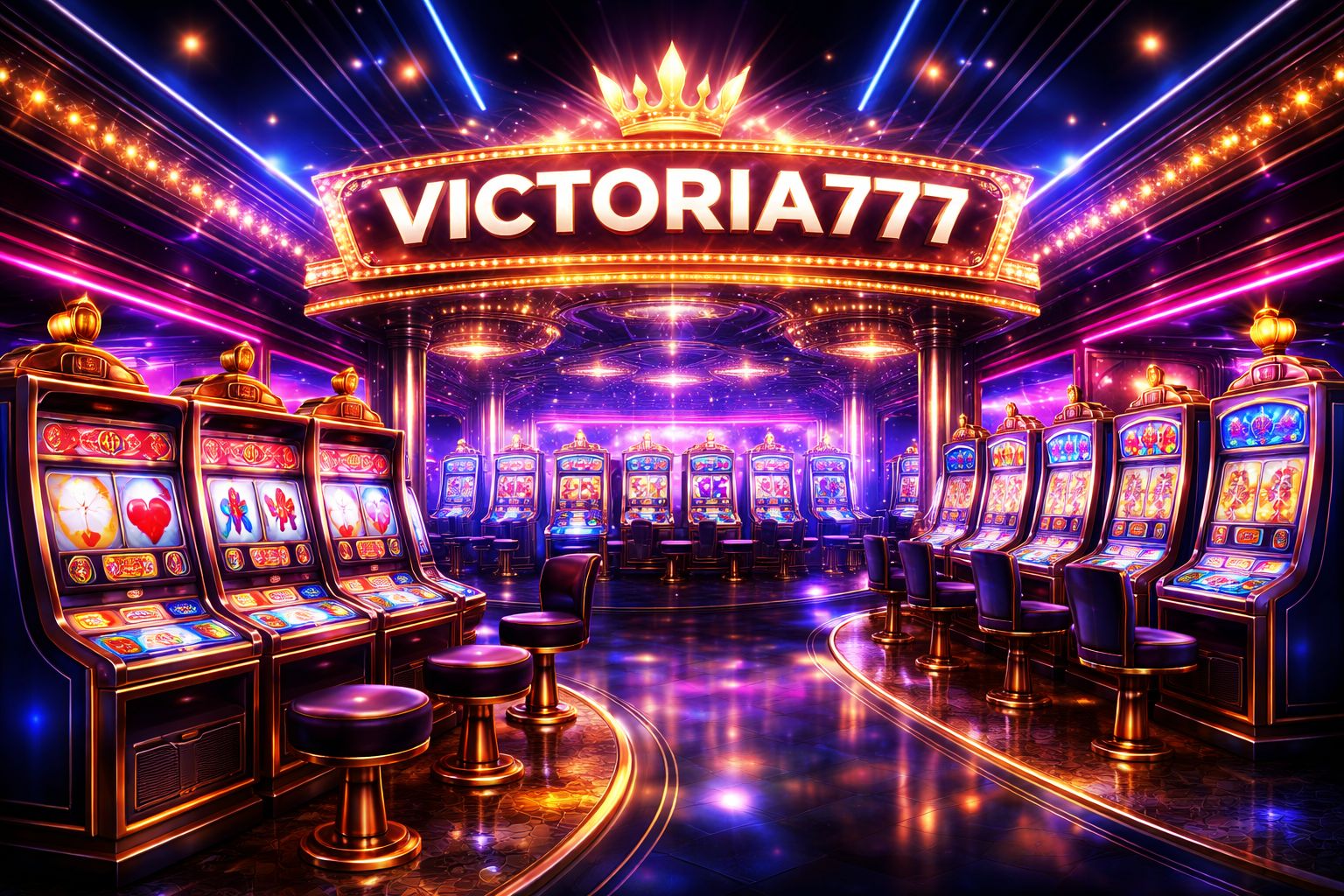 Vestíbulo de tragamonedas VICTORIA777 con carretes brillantes y fichas de juego modernas